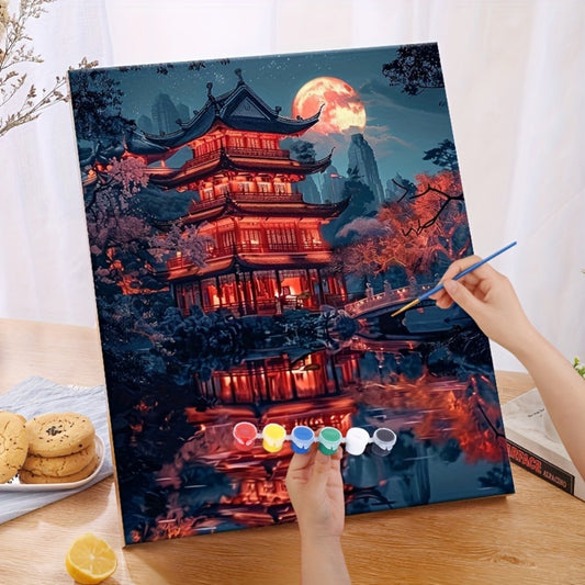 DIY Paint by Numbers Red Architecture Scene Beginner Acrylic Painting Kit