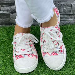 Pink Plaid Love Heart Pattern Flat Shoes Women's Casual Shoes