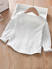 Kid Girls Flower Embroidered Collar Long Sleeve Uniform Shirt Button Down Blouse