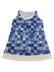 Women's Plus Colorblock Denim Print Round Neck Tank Dress