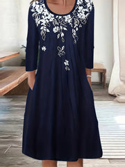 Floral Print Long Sleeve Round Neck Dress With Pockets