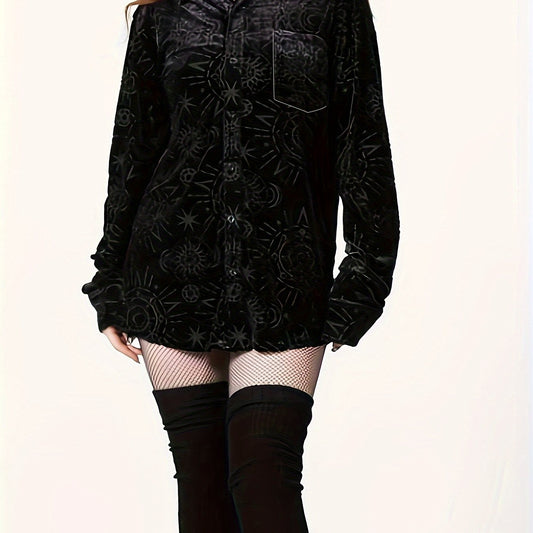 Gothic Blouse Women's Plus Moon Sun Print Long Sleeve Button Up Shirt