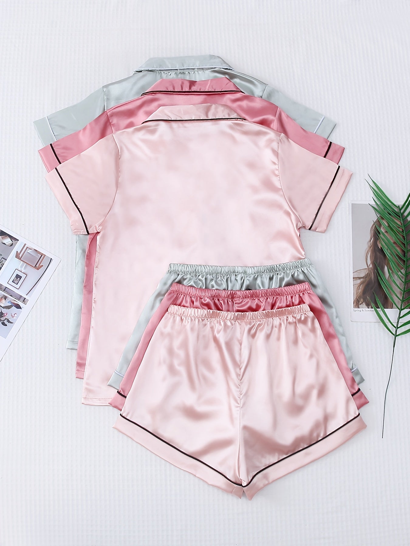 Satin Pajama Set Short Sleeve Top & Bow Shorts Women's Sleepwear