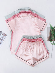Satin Pajama Set Short Sleeve Top & Bow Shorts Women's Sleepwear