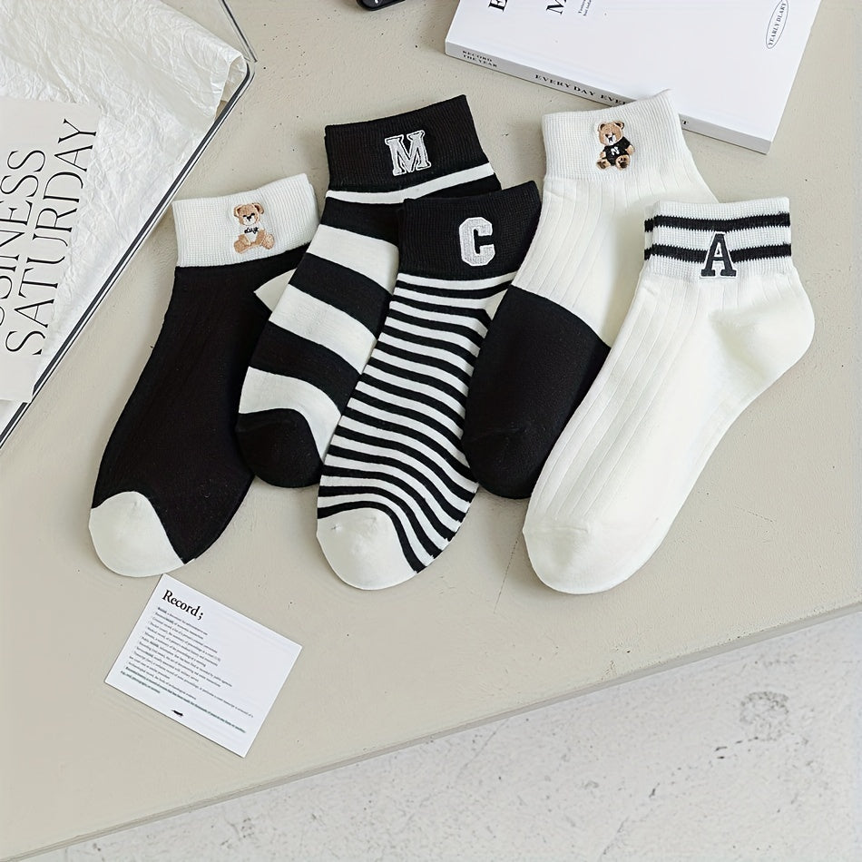 5 Pairs Teddy Bear & Striped Short Socks Women's Stockings