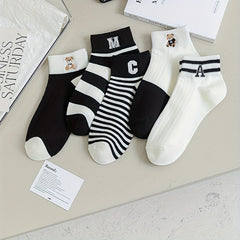 5 Pairs Teddy Bear & Striped Short Socks Women's Stockings