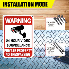 4pcs No Trespassing Signs Private Metal 24 Hour Video Surveillance Signs