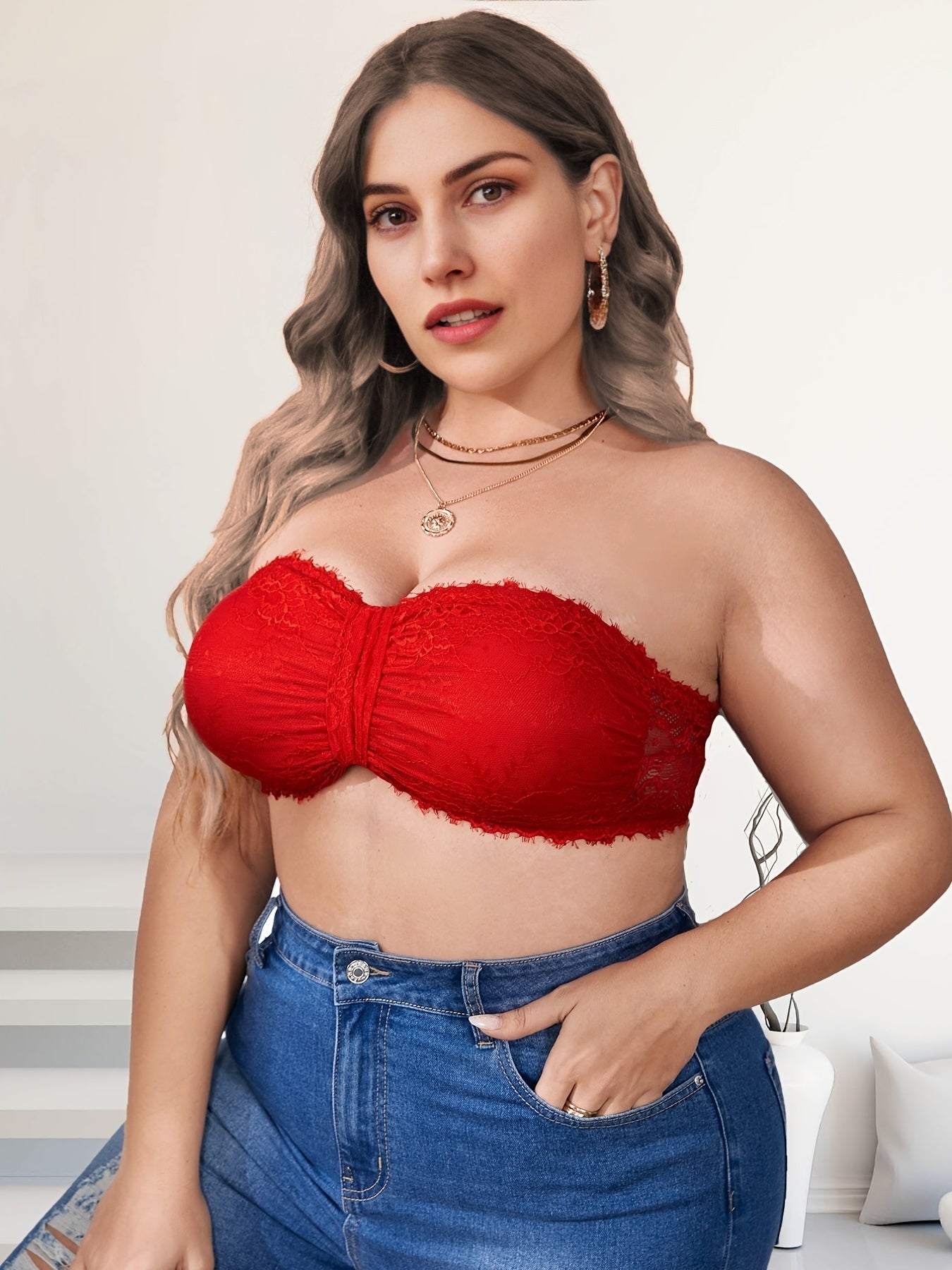 Contrast Lace Ruched Front Plus Size Tube Bra
