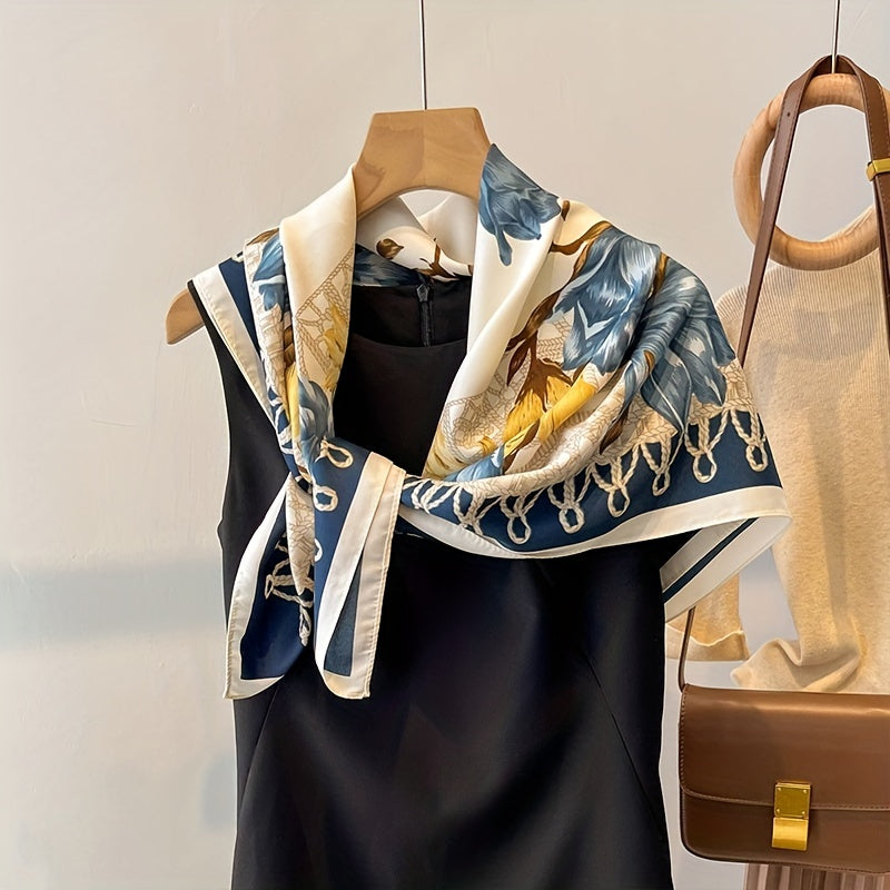Magnolia Print Silk Satin Square Scarf Head Wrap Sunscreen Travel Beach Towel