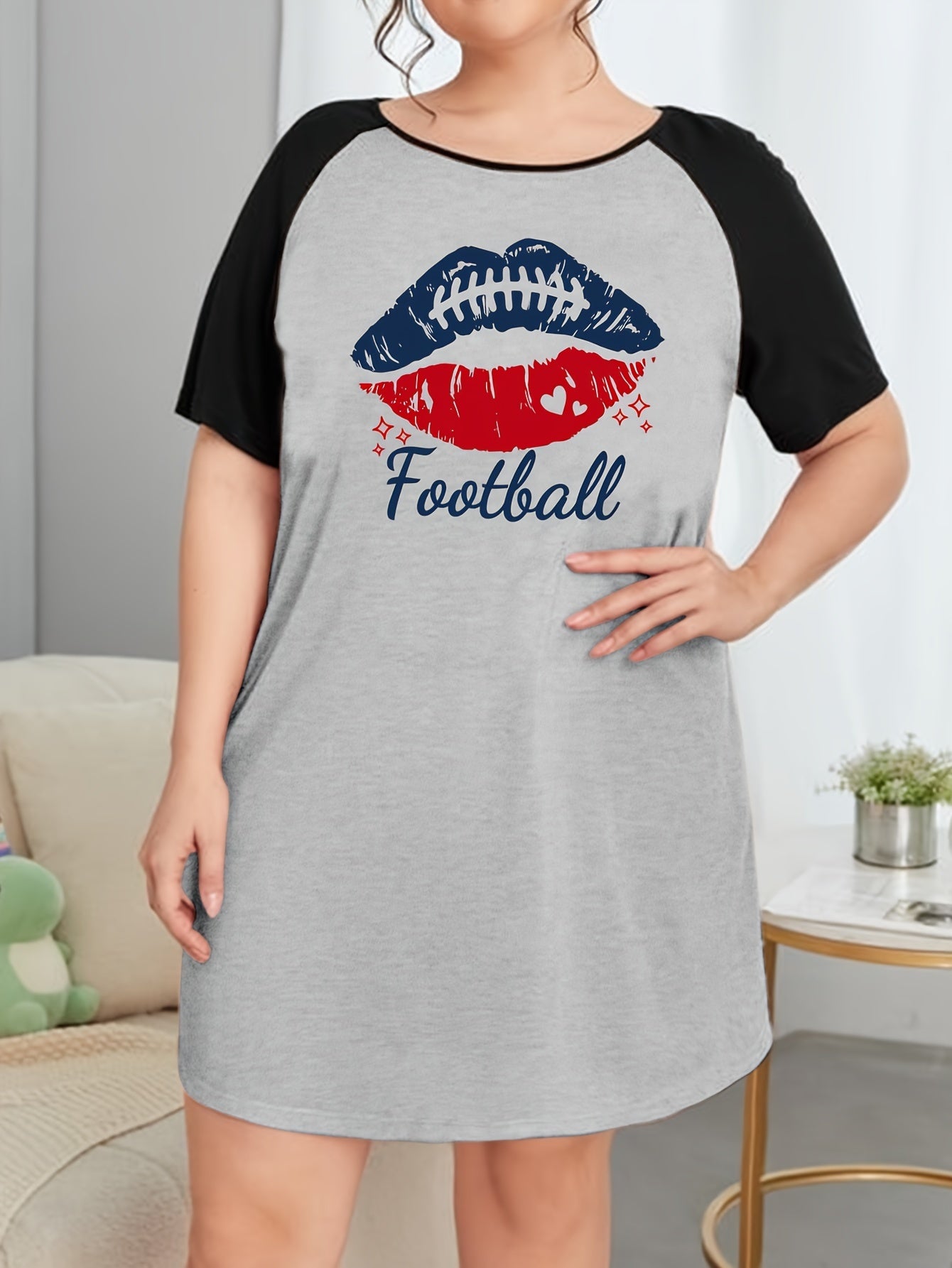 Kiss & Football Print Raglan Sleeve Round Neck Tee Sleep Dress
