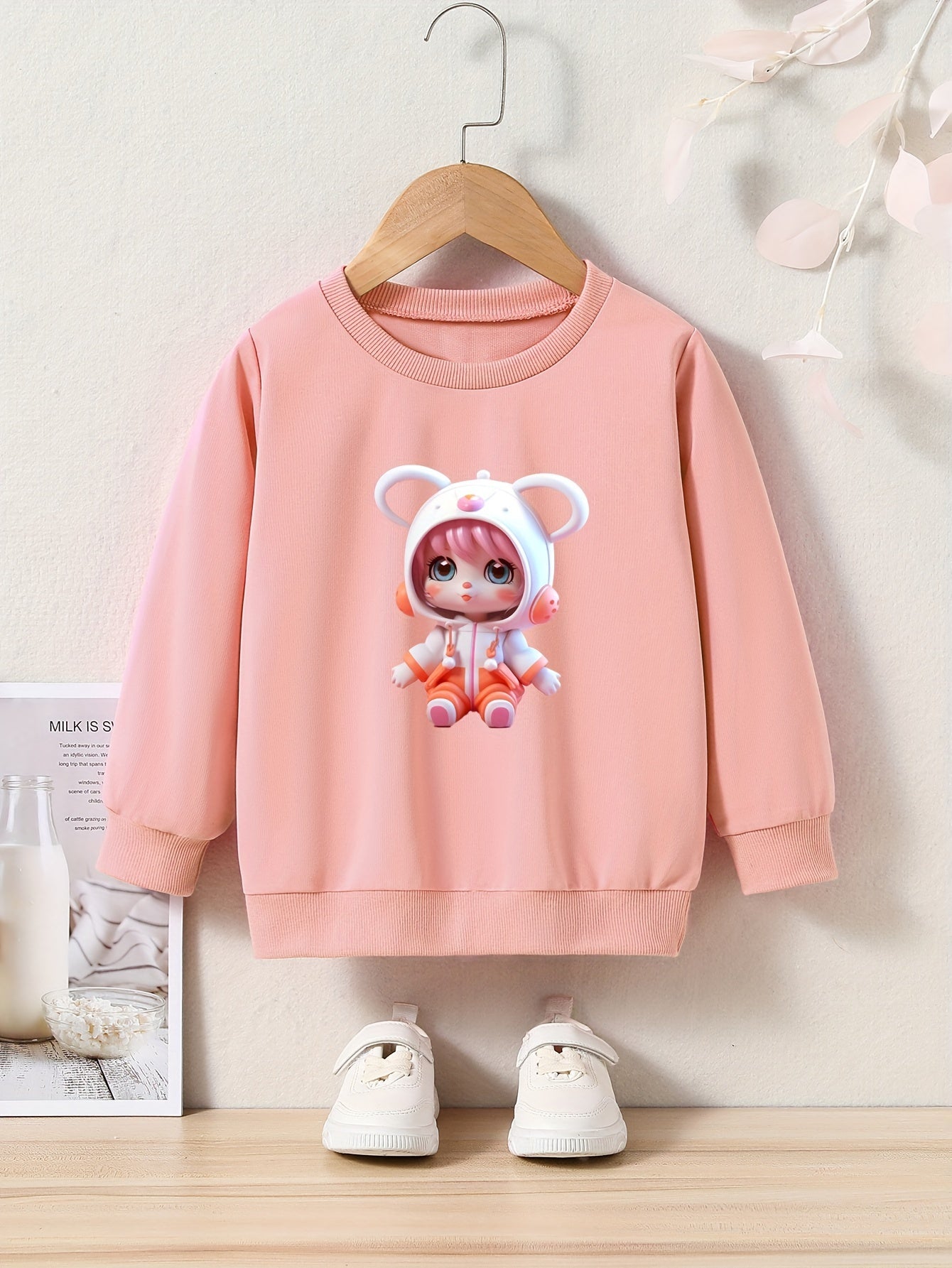Girl Print Sweatshirt Crew Neck Pullover For Kids