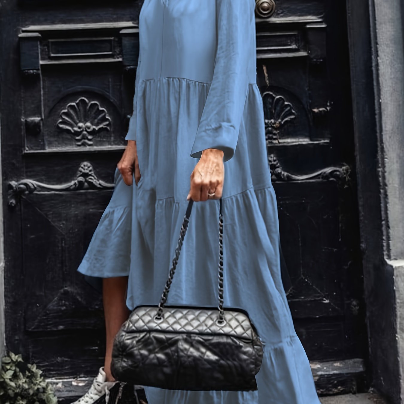 Ruffle Trim Denim Maxi Dress