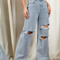Distressed Loose Fit Wide Legs Casual Denim Pants