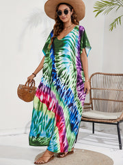 Tie Dye Batwing Sleeve V Neck Kaftan Beach Cover Up Dress