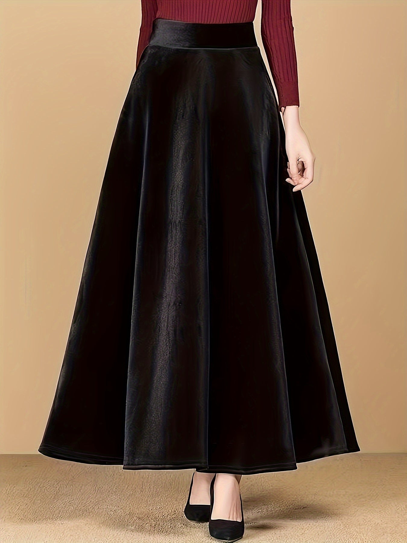 Solid Velvet Elastic High Rise Swing Maxi Skirt