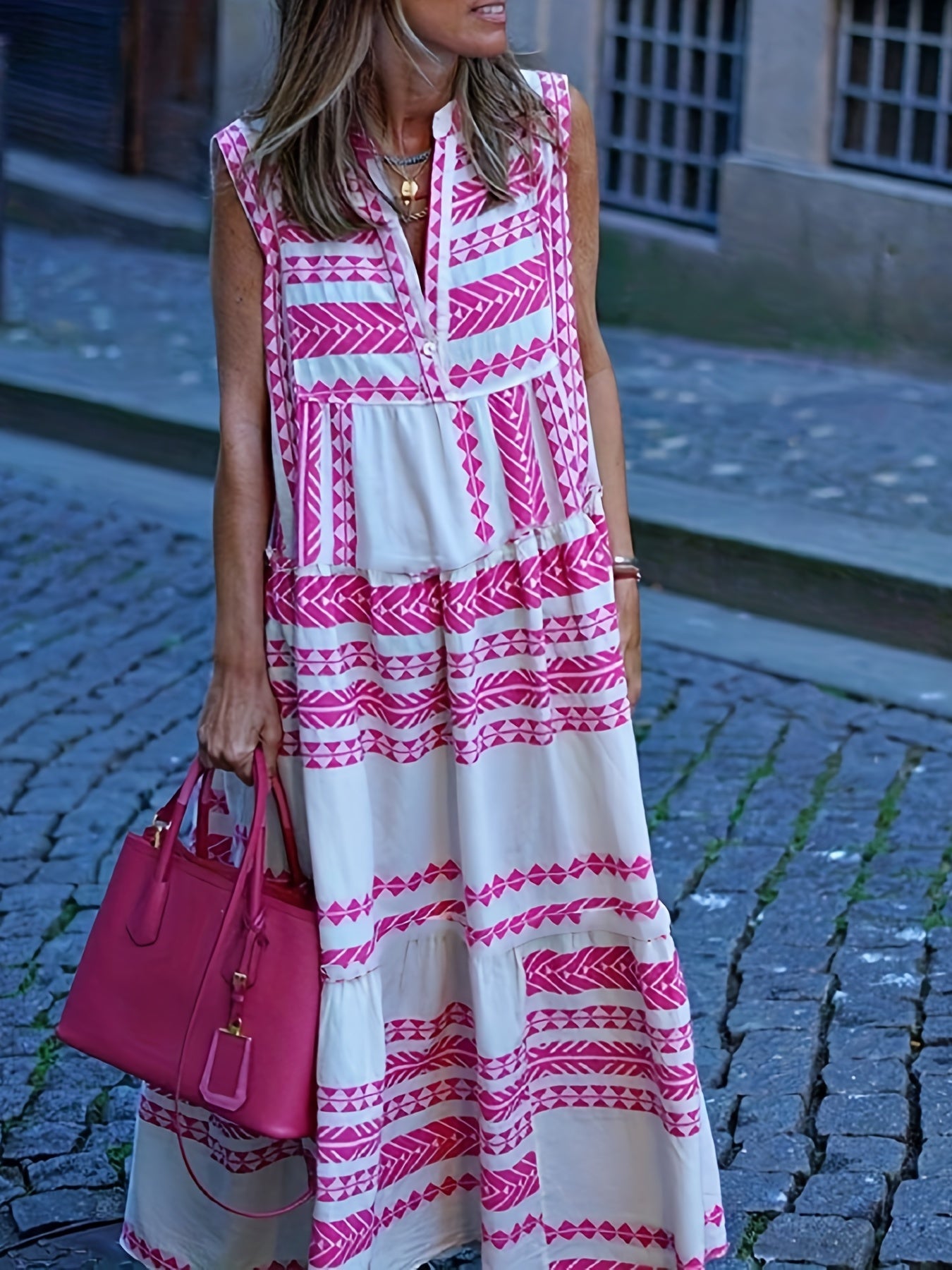 Geo Print V neck Sleeveless Dress Boho Casual Dress For Spring & Summer