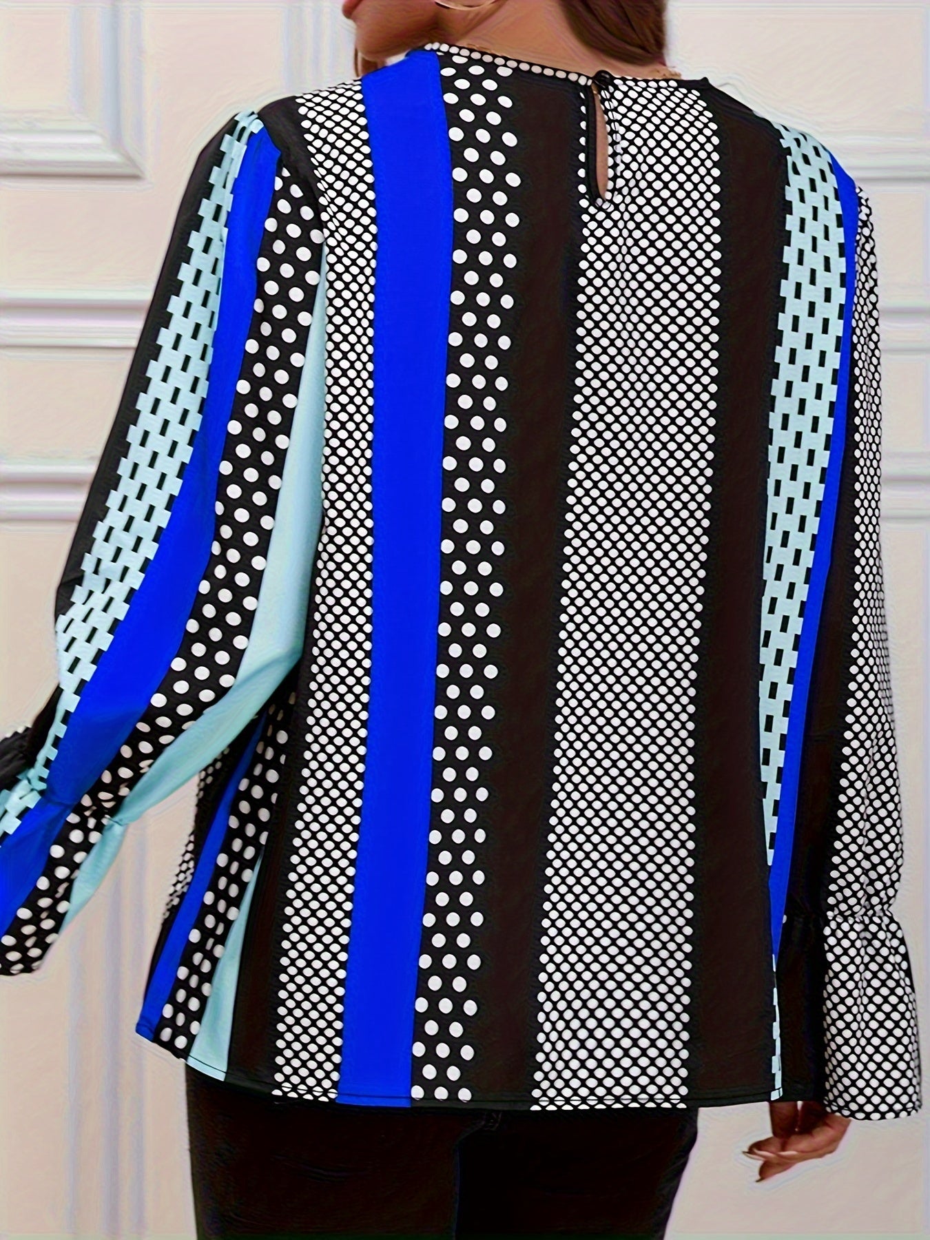 Colorblock Dot Print Lantern Sleeve Top