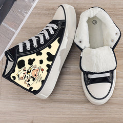 Cow Print Plush Lined Chunky Canvas Sneakers