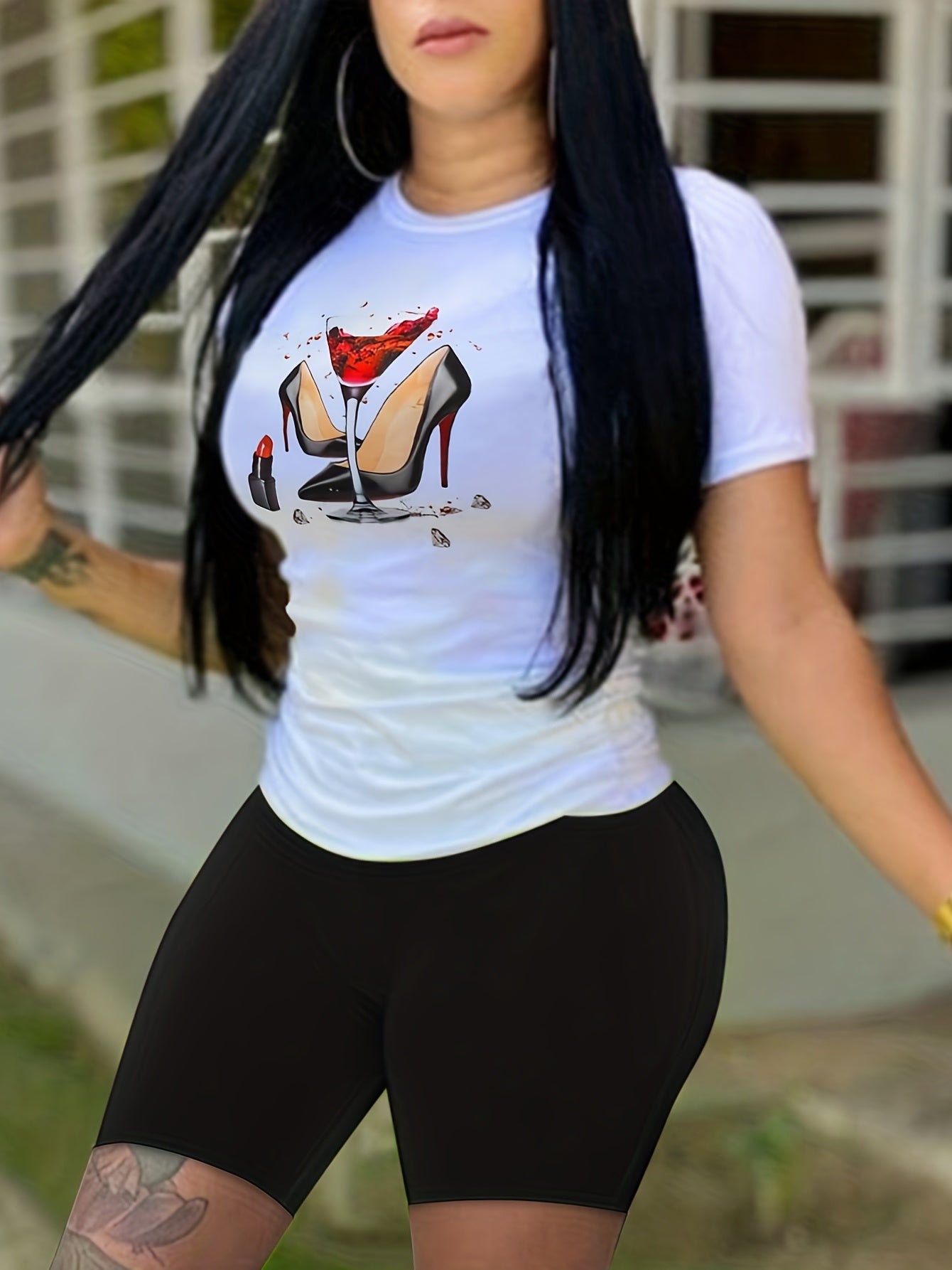 High Heel & Wineglass Print Tee & Solid Slim Shorts Set