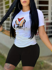High Heel & Wineglass Print Tee & Solid Slim Shorts Set