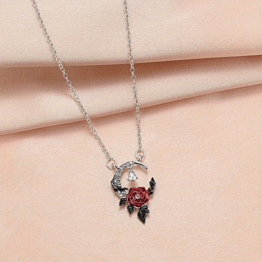 Red Flower Rhinestone Men's Pendant, Creative Crescent Design
