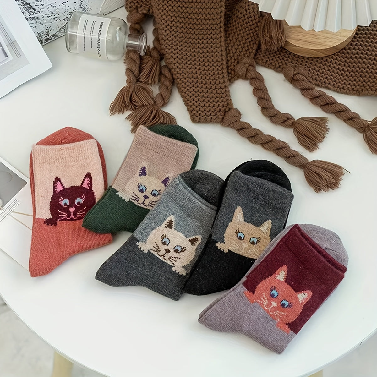 5 Pairs Cartoon Cat Print Socks Women's Mid Tube Stockings
