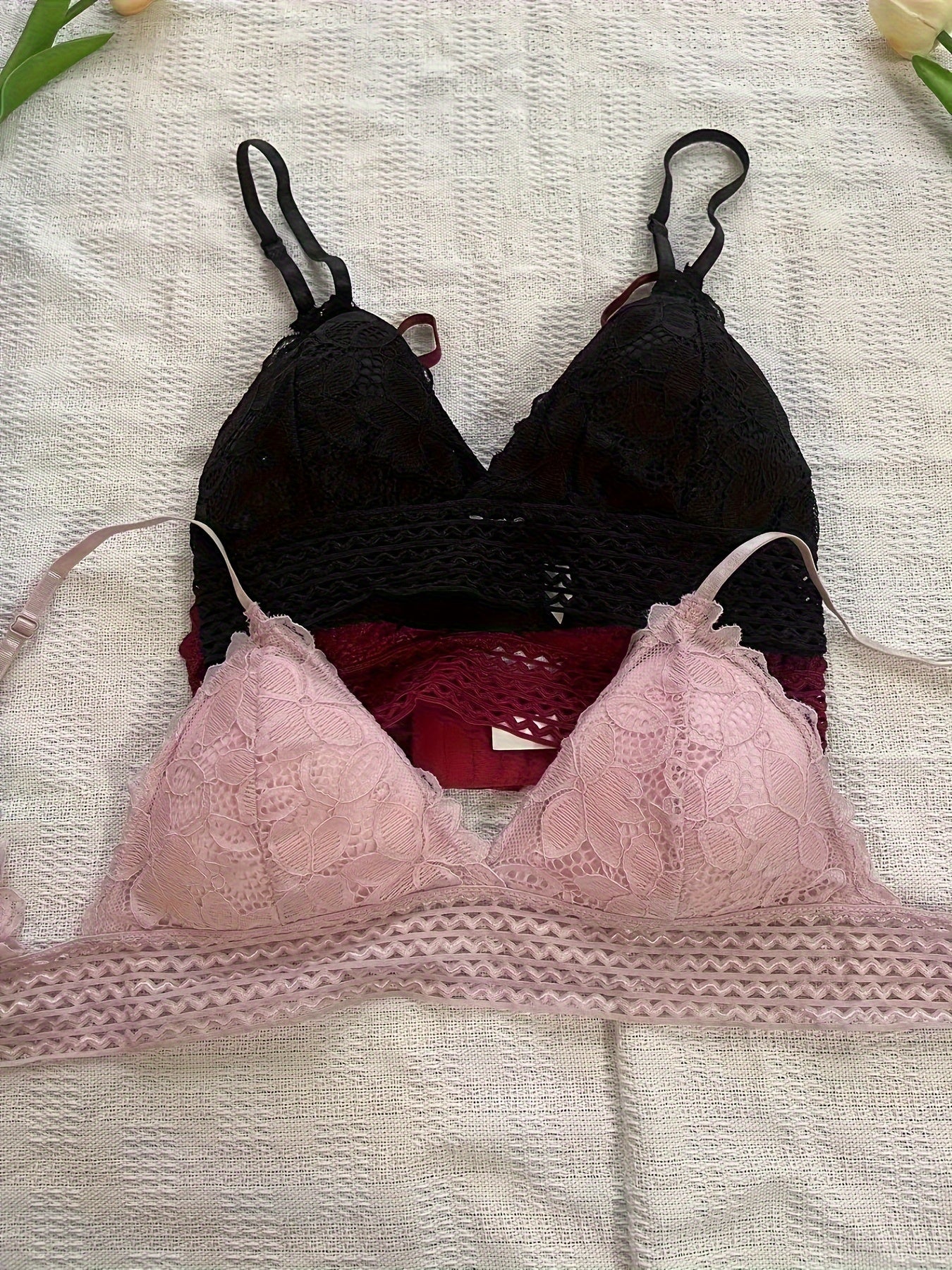 3pcs Lace Wireless Bras Breathable Stretch Intimates Lingerie