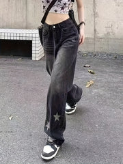 High Rise Straight Leg Jeans Dark Grey Y2K Style Denim Pants