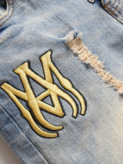 Embroidery Star Pattern Letter Print Slim Fit Ripped Jeans Men's