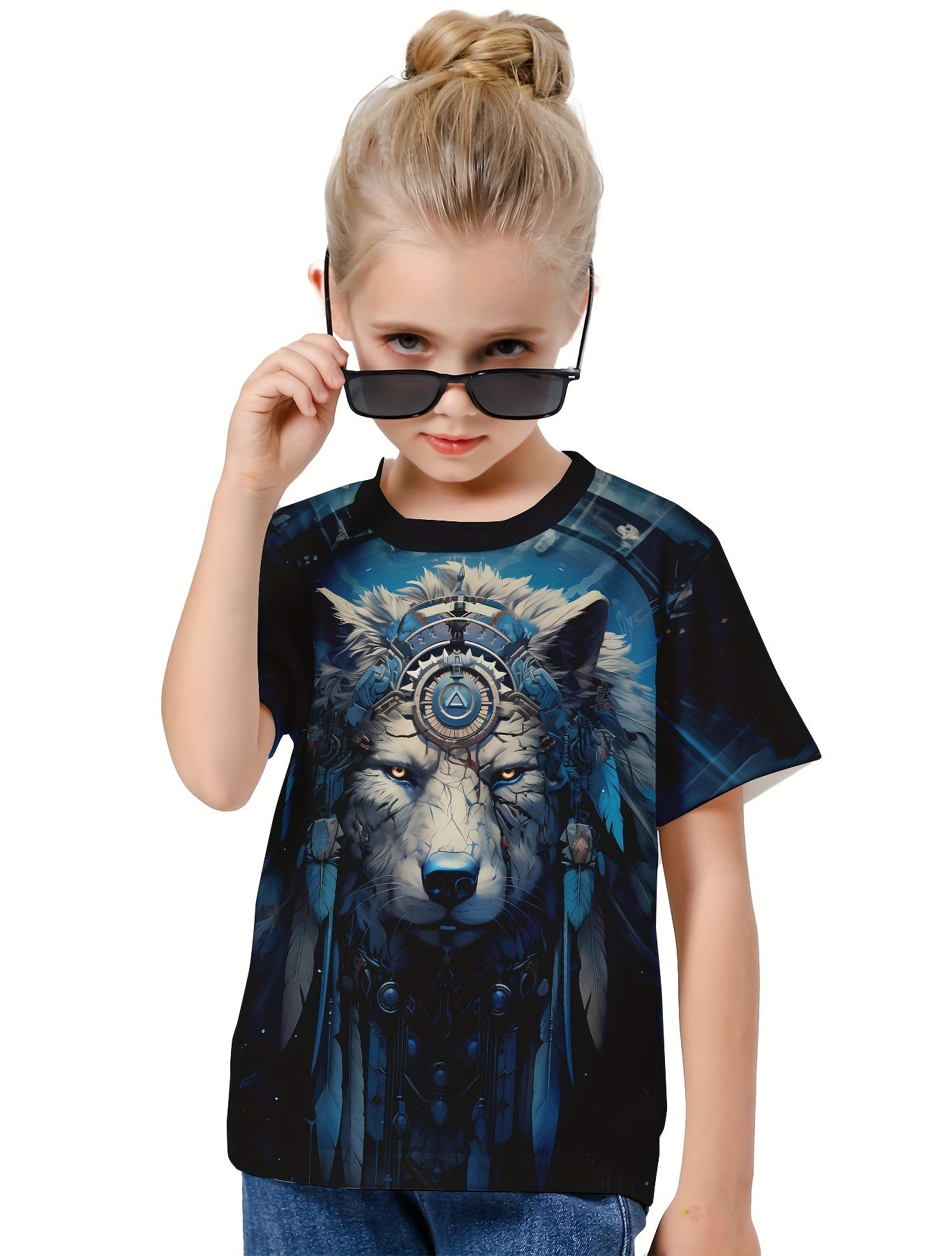 Ethnic Wolf Print Short Sleeve T shirt Girls 3d Print Tees Pullover