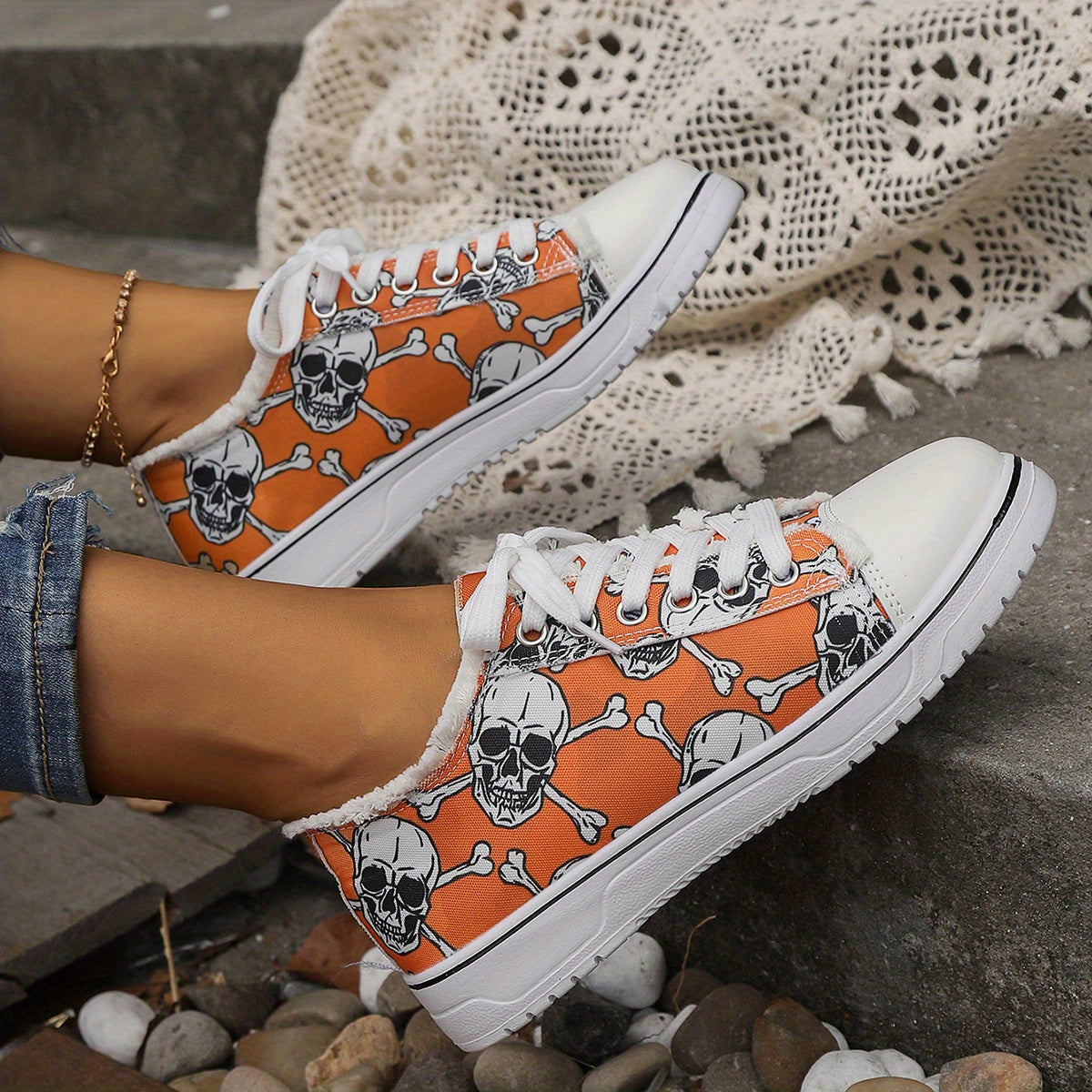 Halloween Orange Skull Ghost Canvas Shoes Women's Lightweight Flat Sneakers