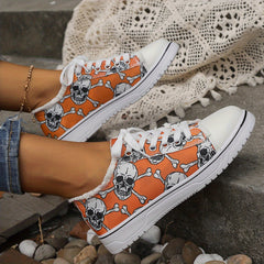 Halloween Orange Skull Ghost Canvas Shoes Women's Lightweight Flat Sneakers
