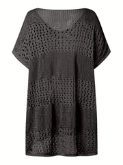 Apricot Crochet Eyelet Hollow Cove Up Dress Shorts Sleeve Solid Vacation Boho