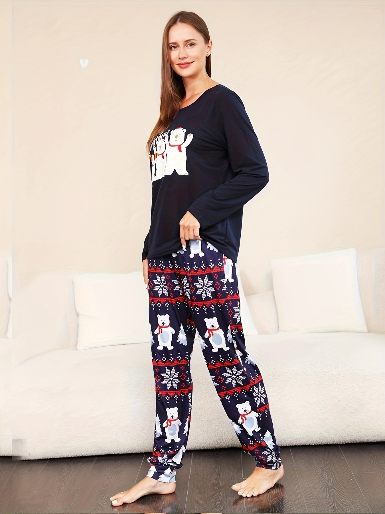 Bear Print Pajama Set Christmas Long Sleeve Top & Pants