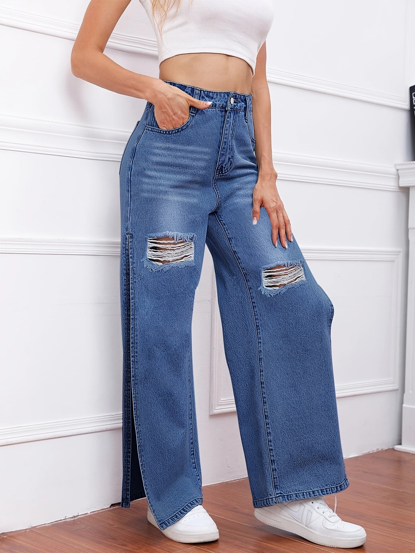 High Waist Distressed Split Jeans Slash Pockets