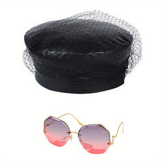 2pcs Beret Sunglasses Set PU Leather Beret UV Protection Sunglasses