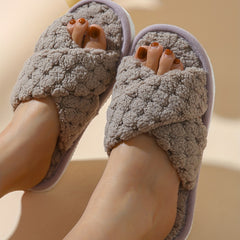 Plush Cross Strap Slippers Cozy Open Toe Flat Fuzzy Shoes