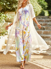 Casual Loose 2pc Set Short Sleeve Cover Up & Floral Print Maxi Dress