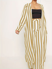 Women's Plus Stripe Print Cardigan & Wide Leg Pants Outfit Set
