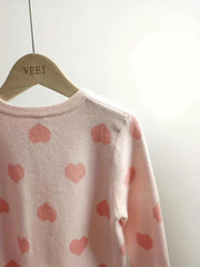 Girls Casual Heart Print Knit Sweater Top For Autumn And Winter Kids Clothes