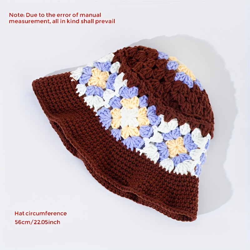 Vintage Flower Crochet Bucket Hat Block Knitted Cloche Hat