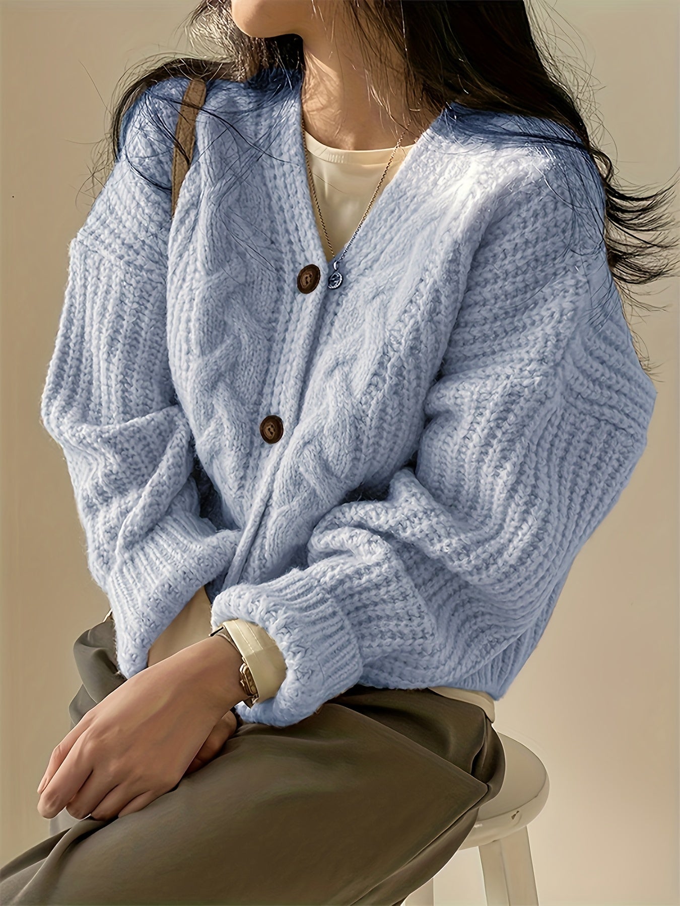 Chunky Knit Cardigan Long Sleeve Vintage Style Fall Winter Women's Clothing