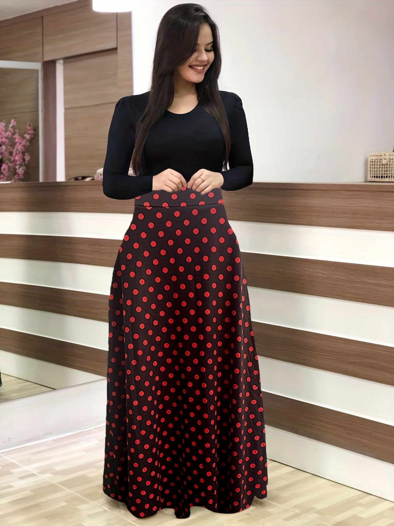 Polka Dot High Waist Maxi Dress Long Sleeve Crew Neck Women's Clothing
