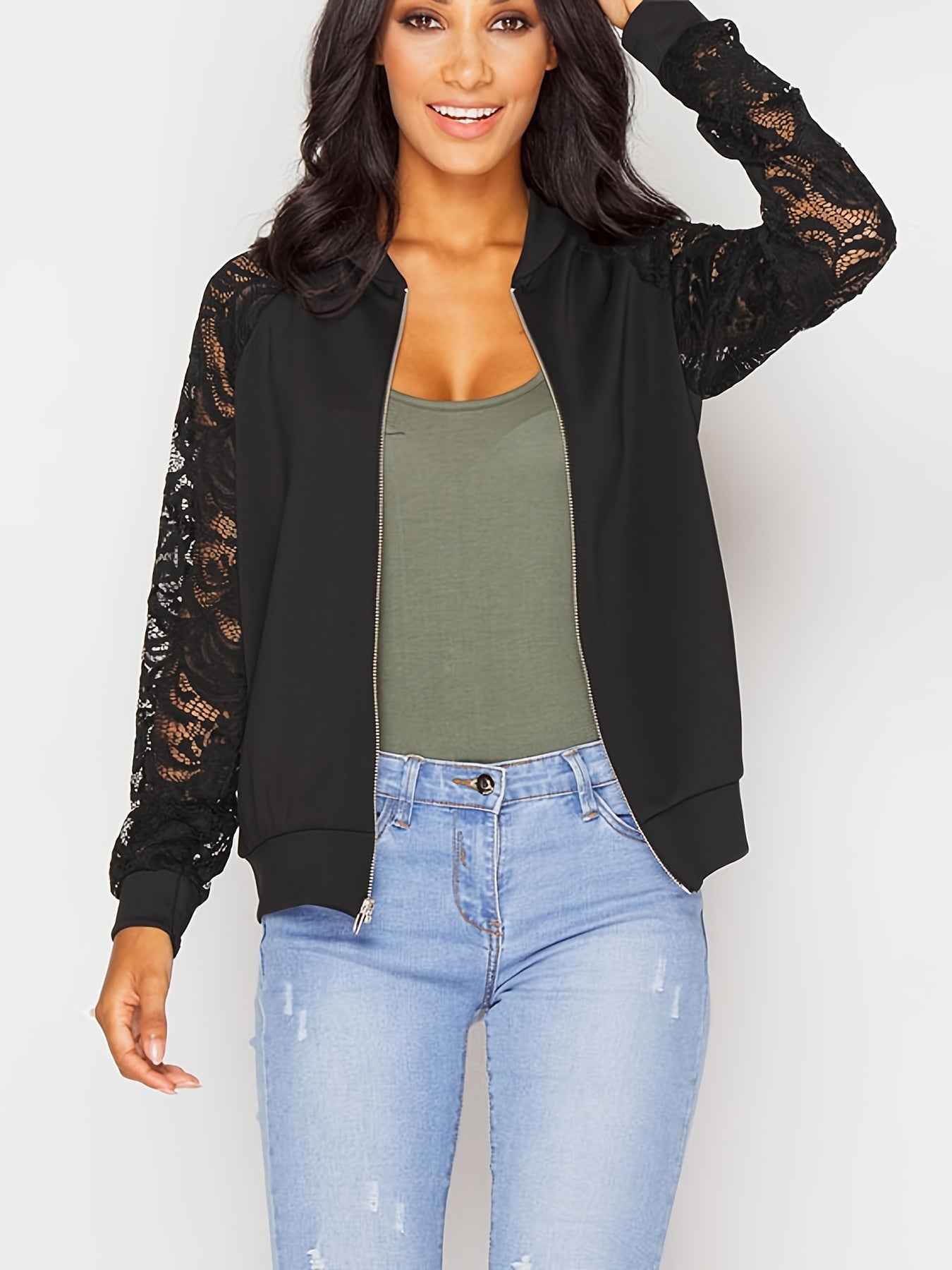 Lace Sleeve Jacket with Zipper Up Closure