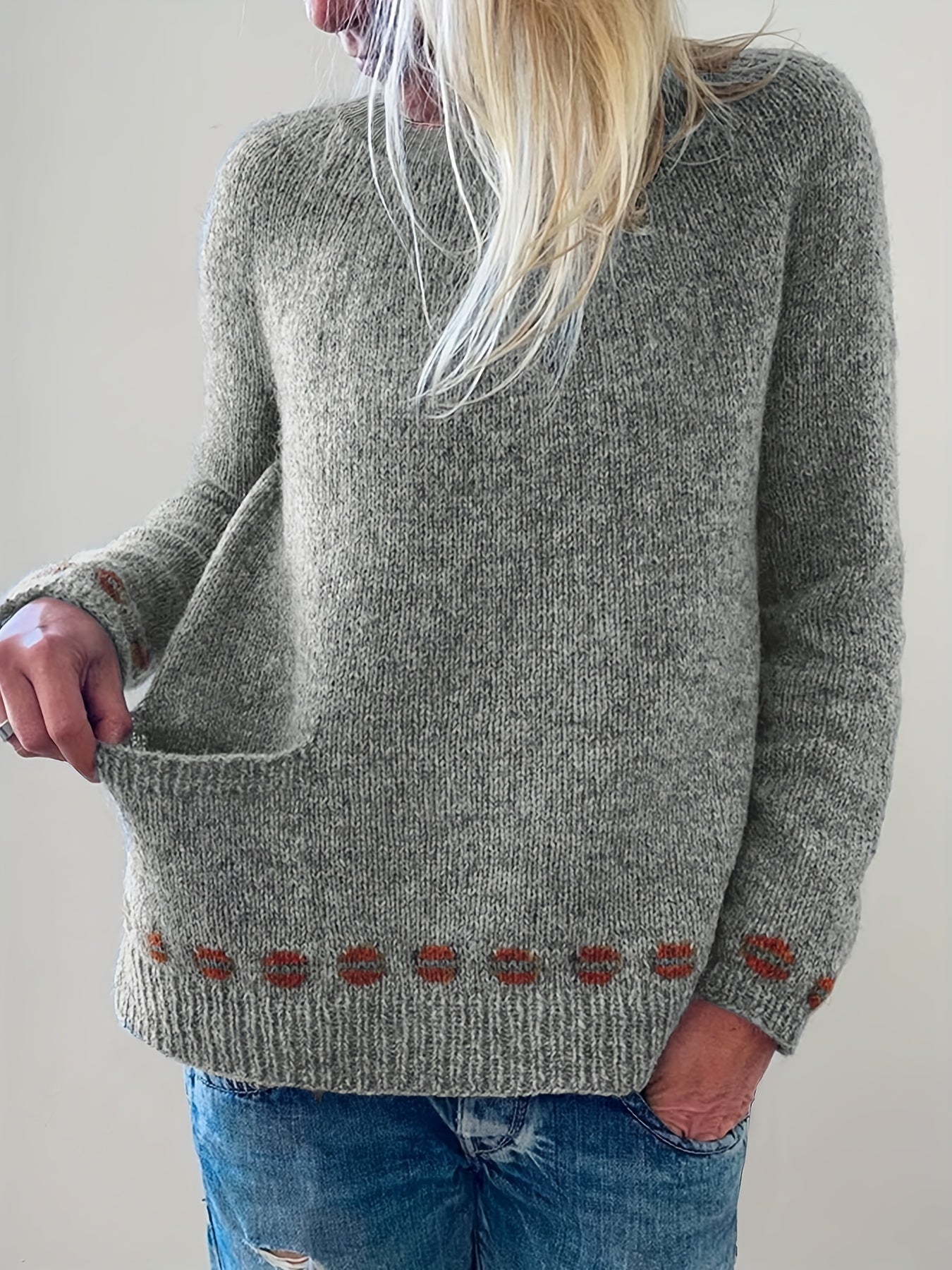 Geo Print Round Neck Jumper With Pocket