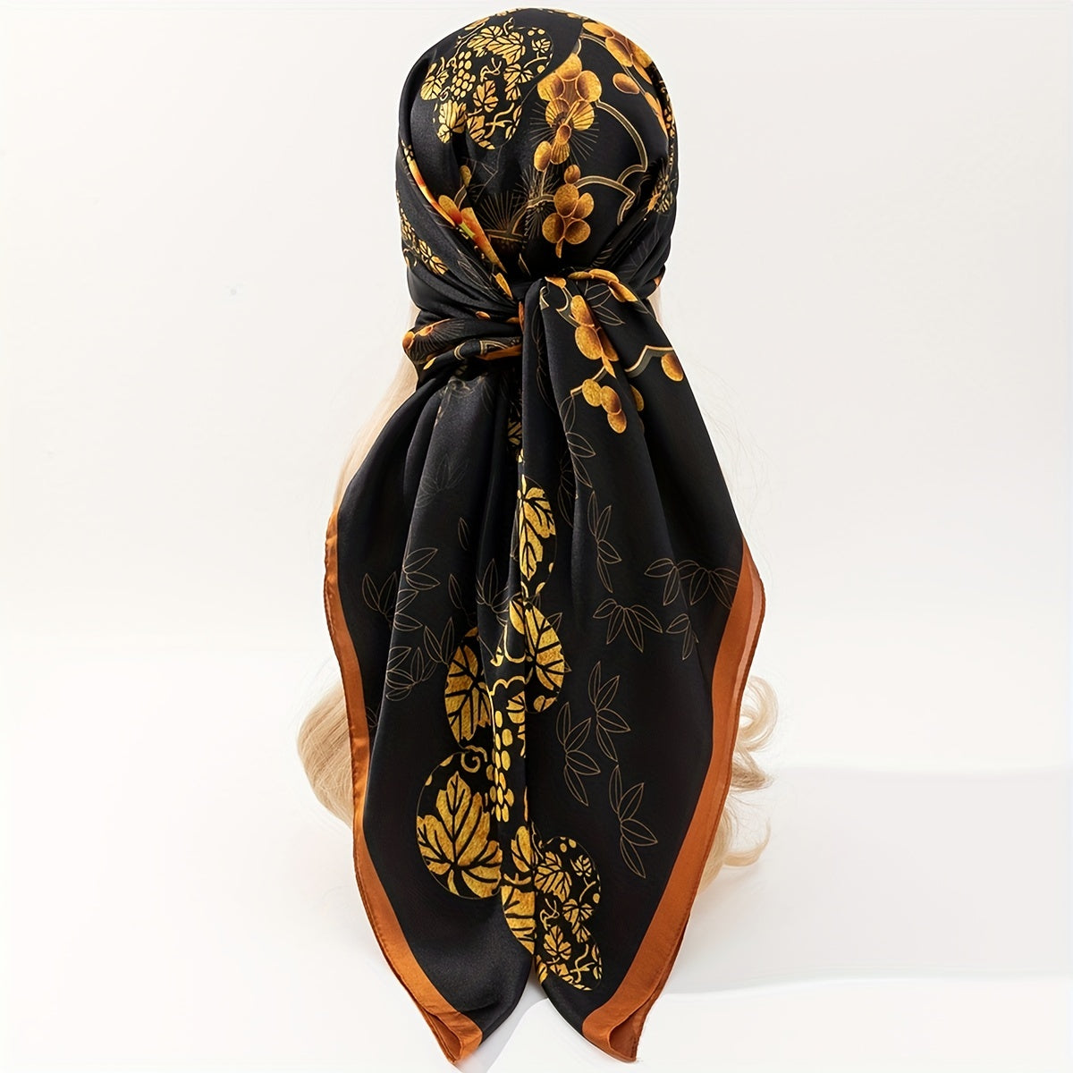 Golden Plum Blossom Print Bandana Vintage Shawl Satin Large Square Scarf