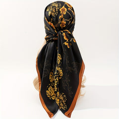 Golden Plum Blossom Print Bandana Vintage Shawl Satin Large Square Scarf