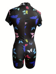 Butterfly Print Mock Neck Romper Jumpsuit Short Sleeve Casual Women's Clothing