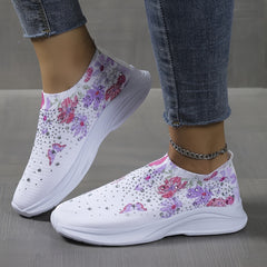 Women's Rhinestone Sock Shoes Butterfly & Floral Print Knitted Low Top Sneakers