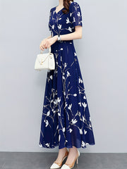 Floral Print Pleated Dress V Neck Maxi Dress Women's Clothing